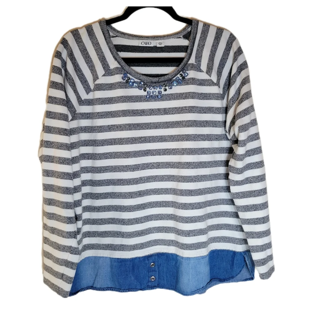 Cute Cato Jeweled Sweater with Jean Bottom Hem Design XL - Picture 1 of 10
